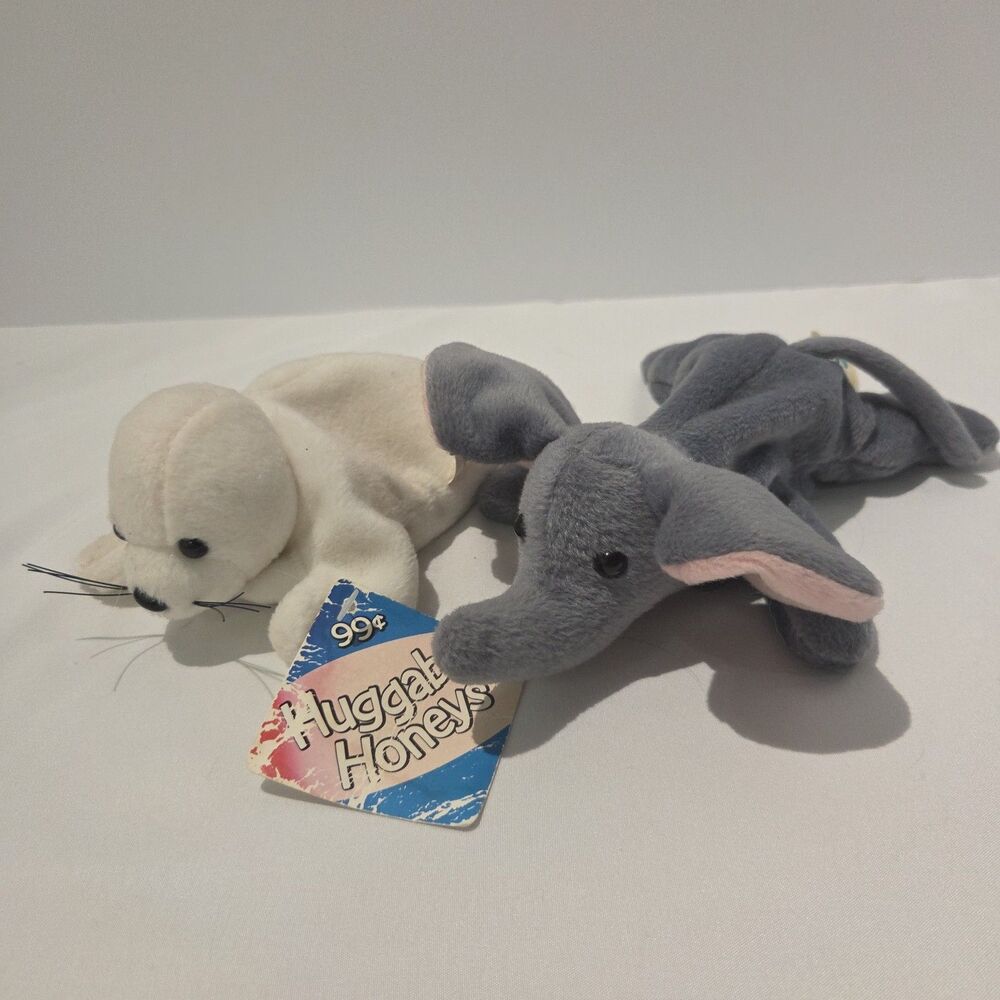 Lot Of 2 Zangeen 1996 Huggable Honeys Baby Seal Elephant Stuffed Beanbag Plush